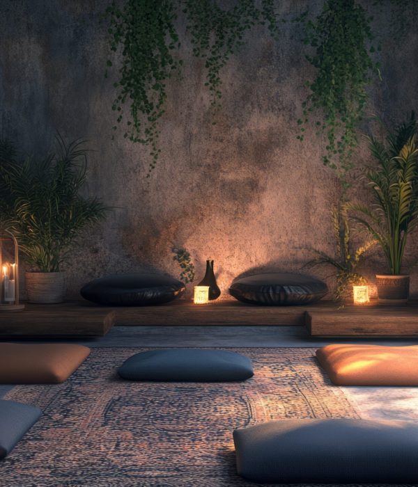 A serene, cozy meditation space with cushions, plants, and soft lighting for relaxation.